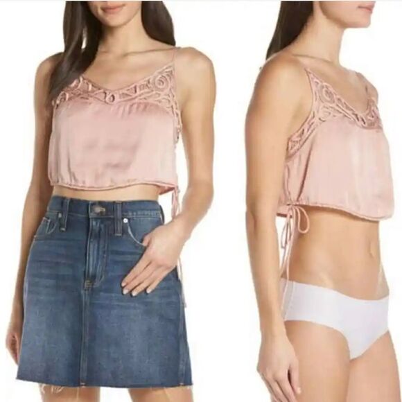 Free People Blouson Satin Crochet Lace Crop Top Size S - Picture 3 of 10